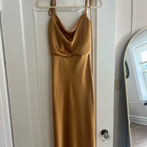 Jenny Yoo Satin Gold Midi Dress